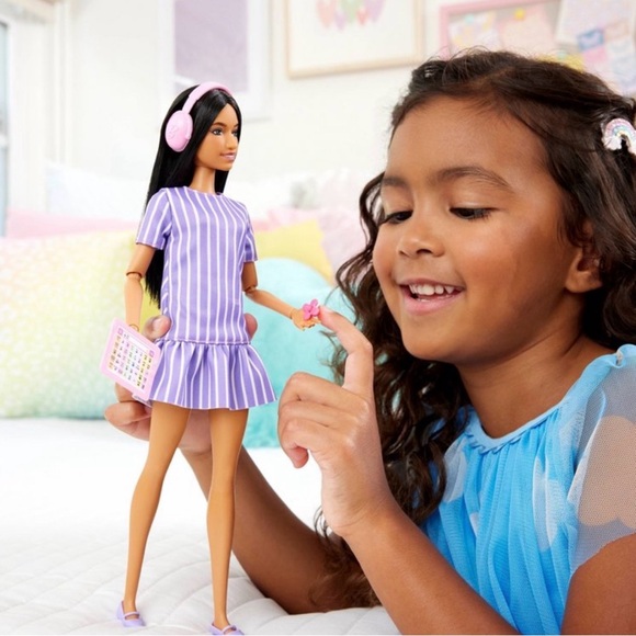 New Autistic Barbie Fashionistas Doll #245 Purple Striped Dress Accessories - Picture 6 of 6